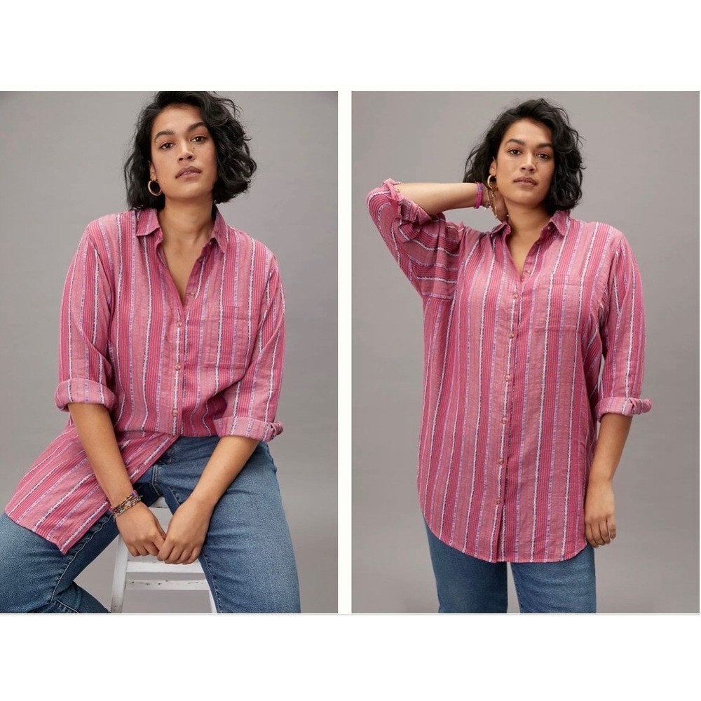 Pilcro The Bo Boyfriend Embroidered Buttondown Shirt Pink Stripe M
